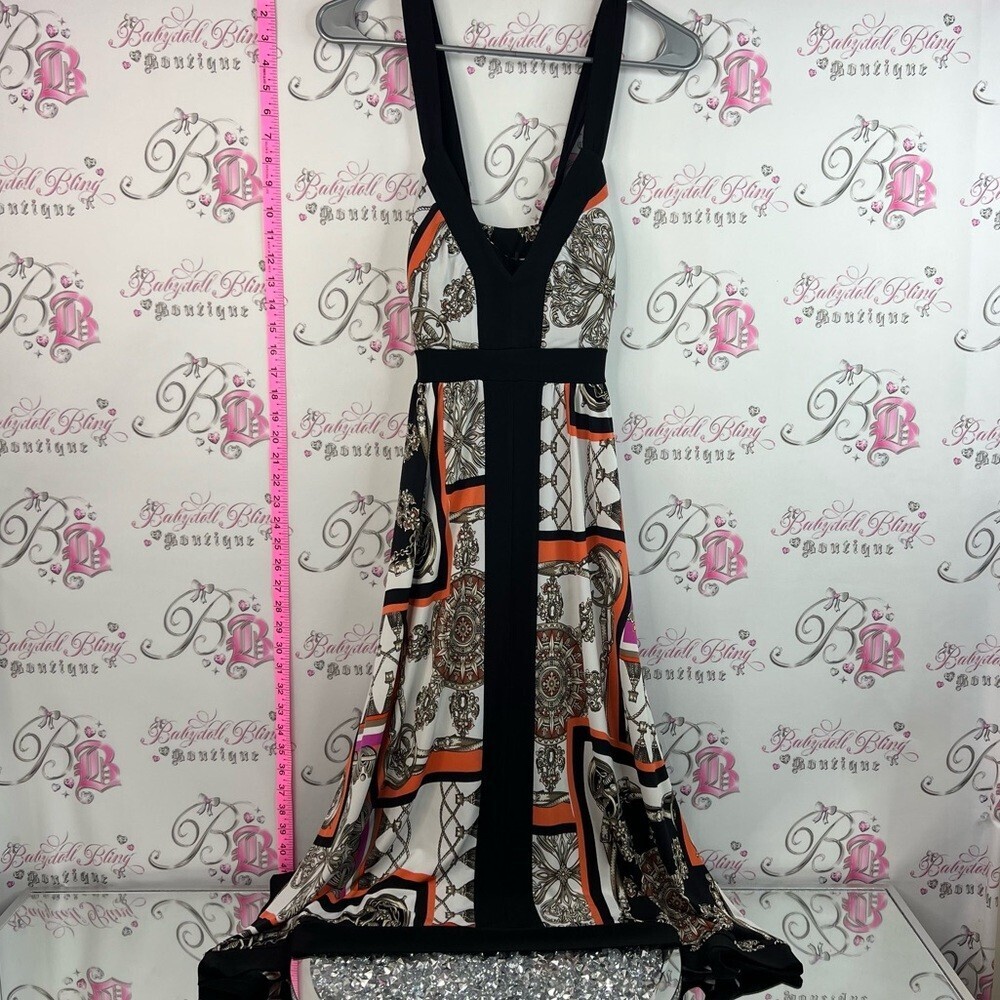 Donna dress chain link Sleeveless V-Neck Printed Maxi Dress with Black Trim